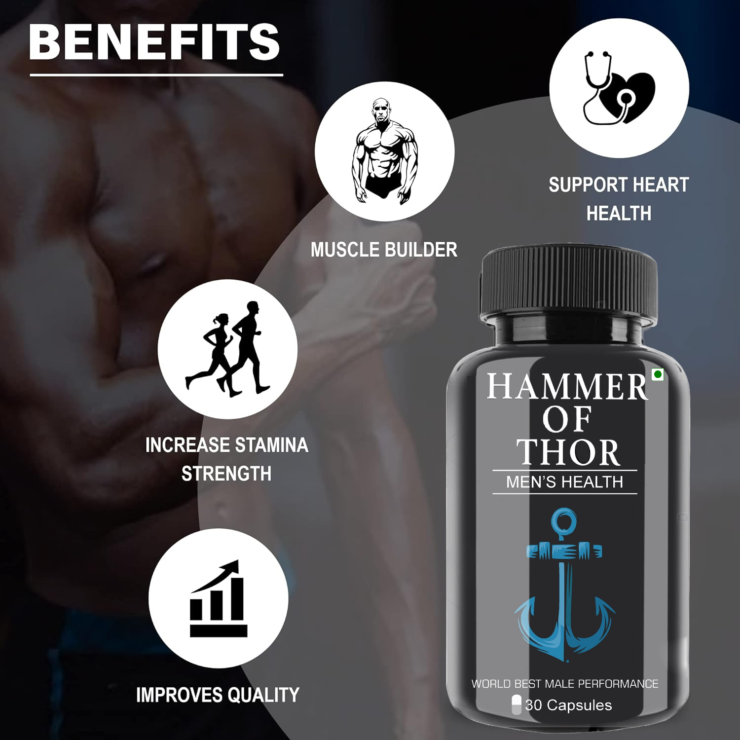 Hammer Of Thor Men's Supplement Ayurvedic Capsule For Performance, Stamina, Power (30 Capsules)  (Pack of 2)