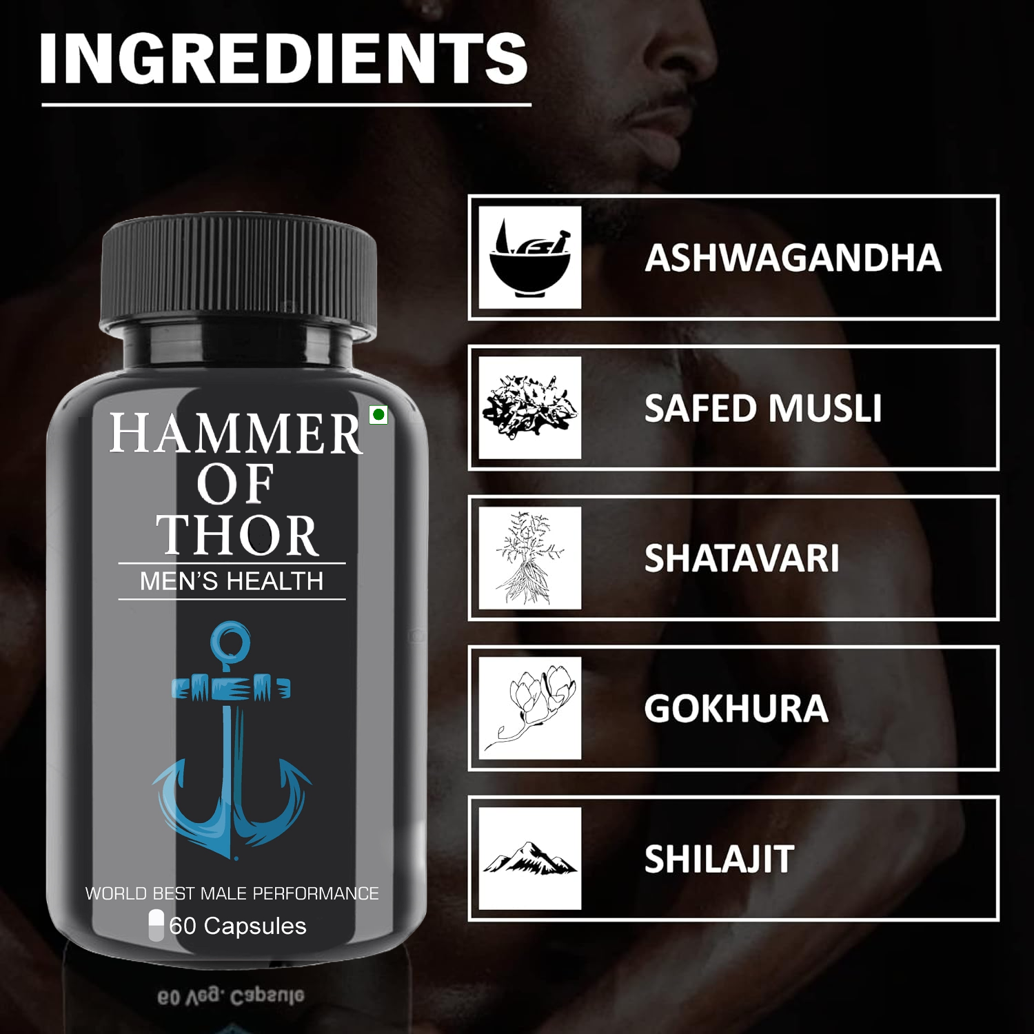 Hammer Of Thor Men's Supplement Ayurvedic Capsule For Performance, Stamina, Power (60 Capsules)  (Pack of 1)