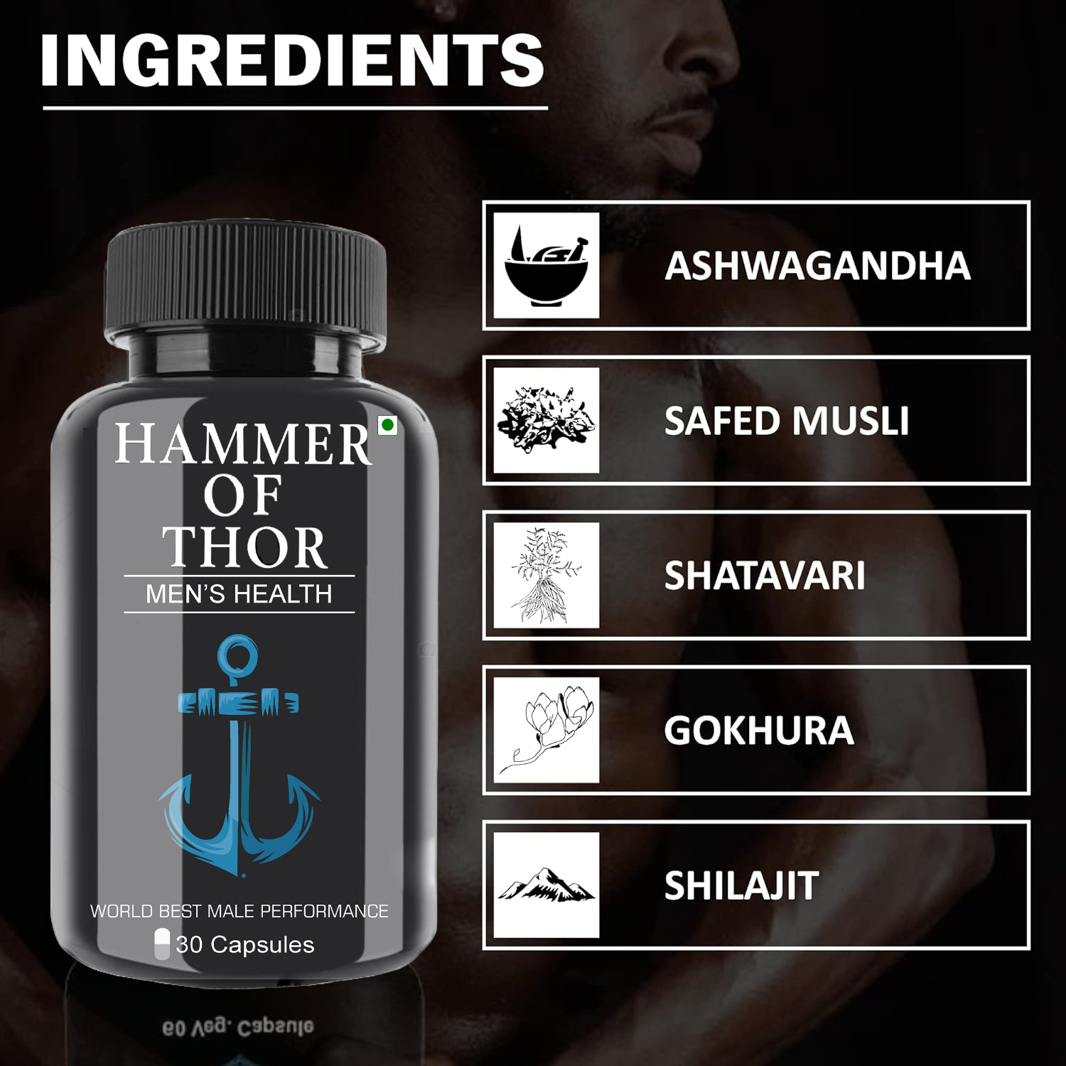 Hammer Of Thor Men's Supplement Ayurvedic Capsule For Performance, Stamina, Power (30 Capsules)  (Pack of 2)
