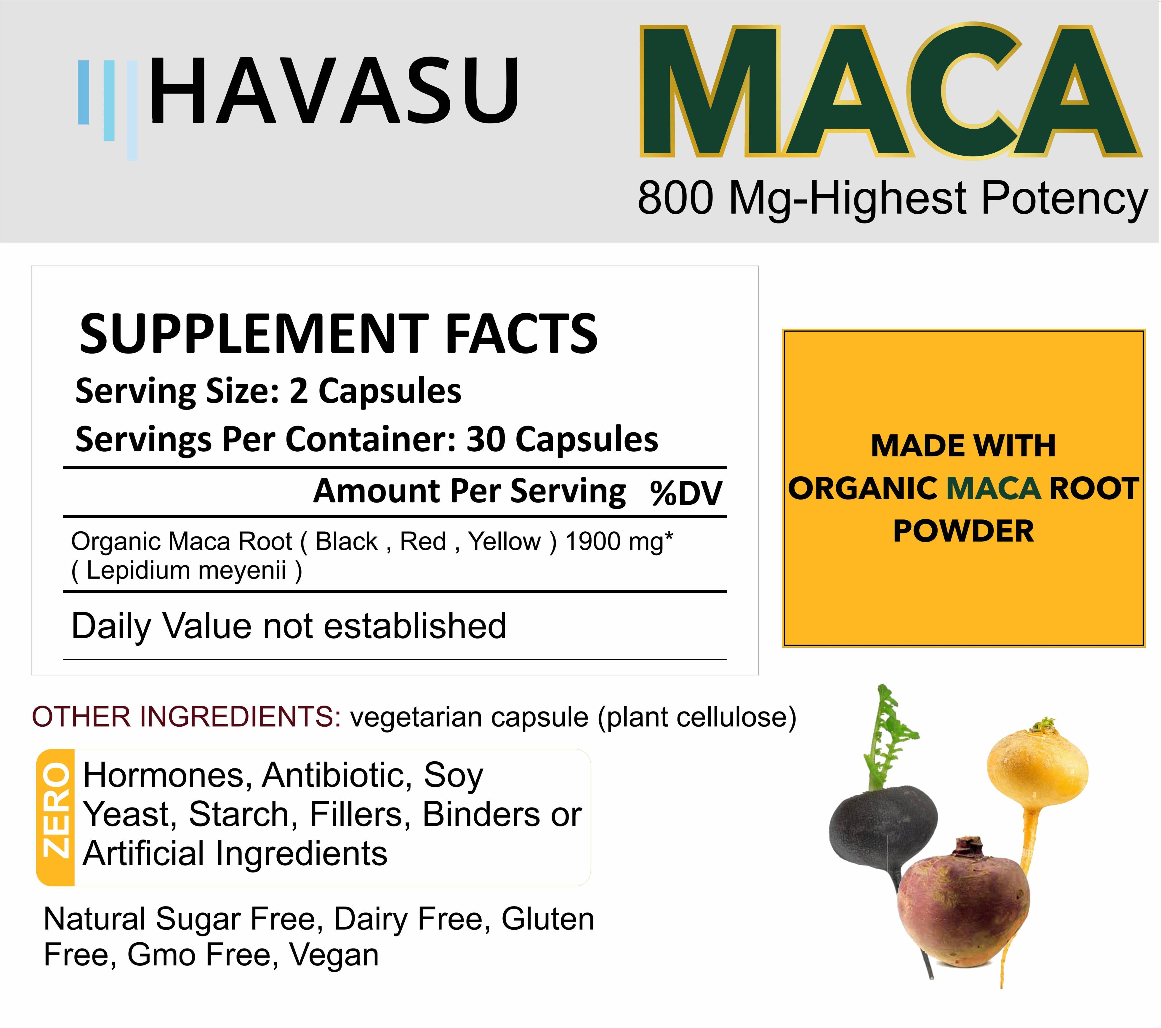 HAVASU Organic Maca Root, 800mg, 30 Capsules – Black, Red & Yellow Maca