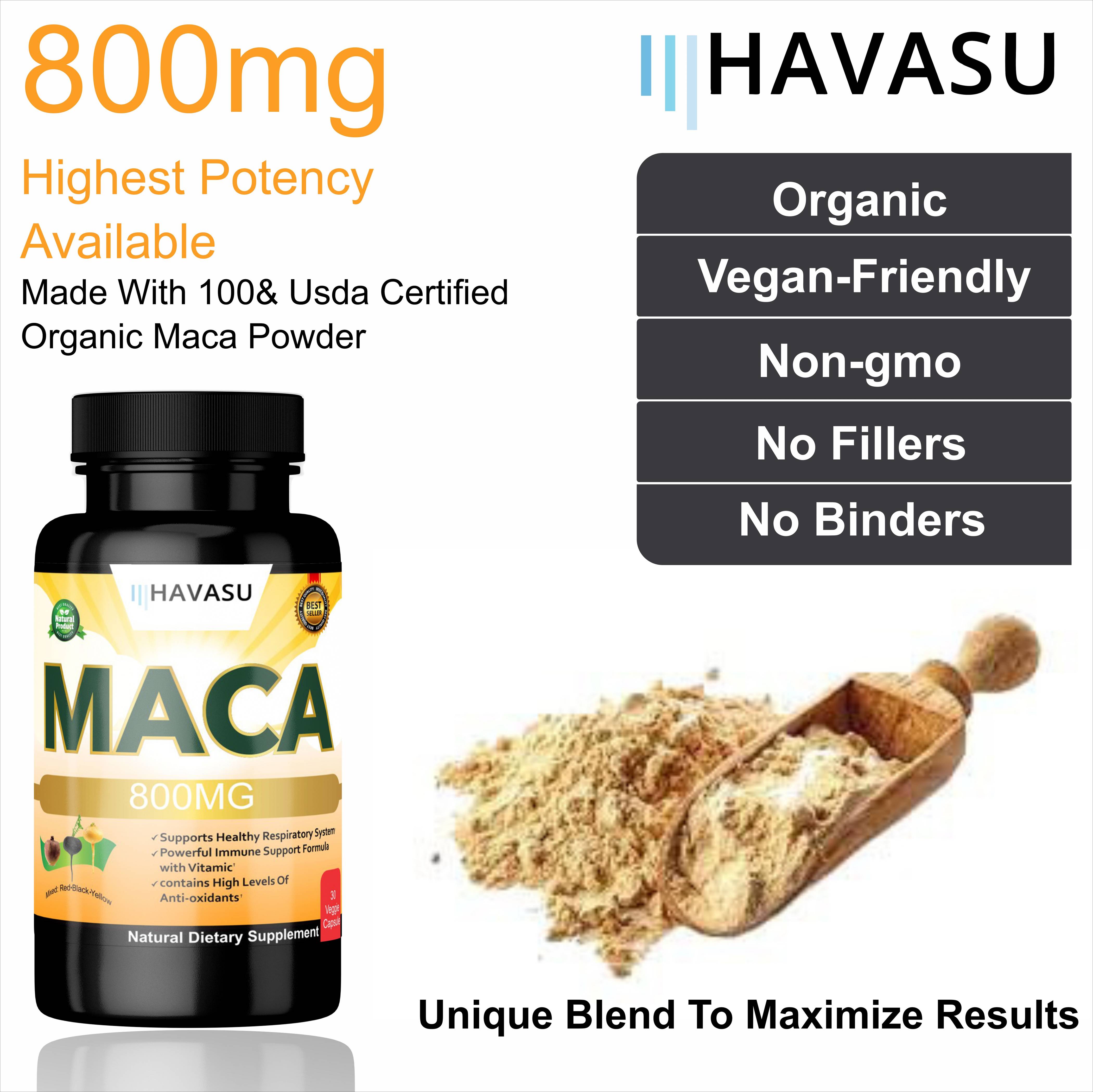 HAVASU Organic Maca Root, 800mg, 30 Capsules – Black, Red & Yellow Maca