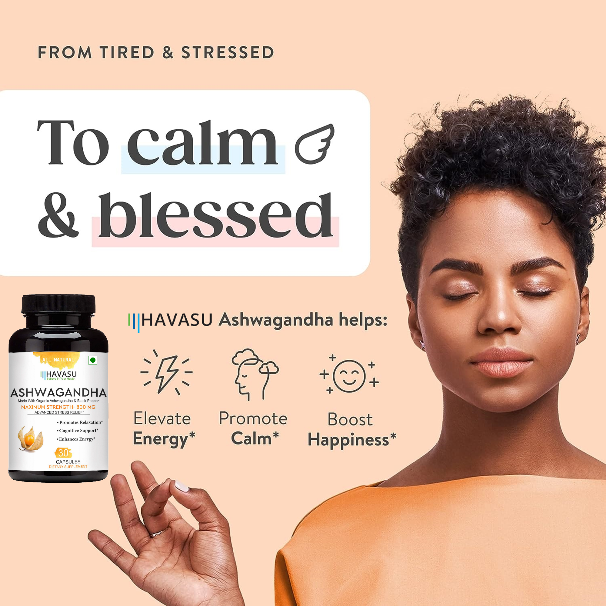 HAVASU Organic Ashwagandha, 30 Capsules – Stress Relief & Energy, Pack of 1