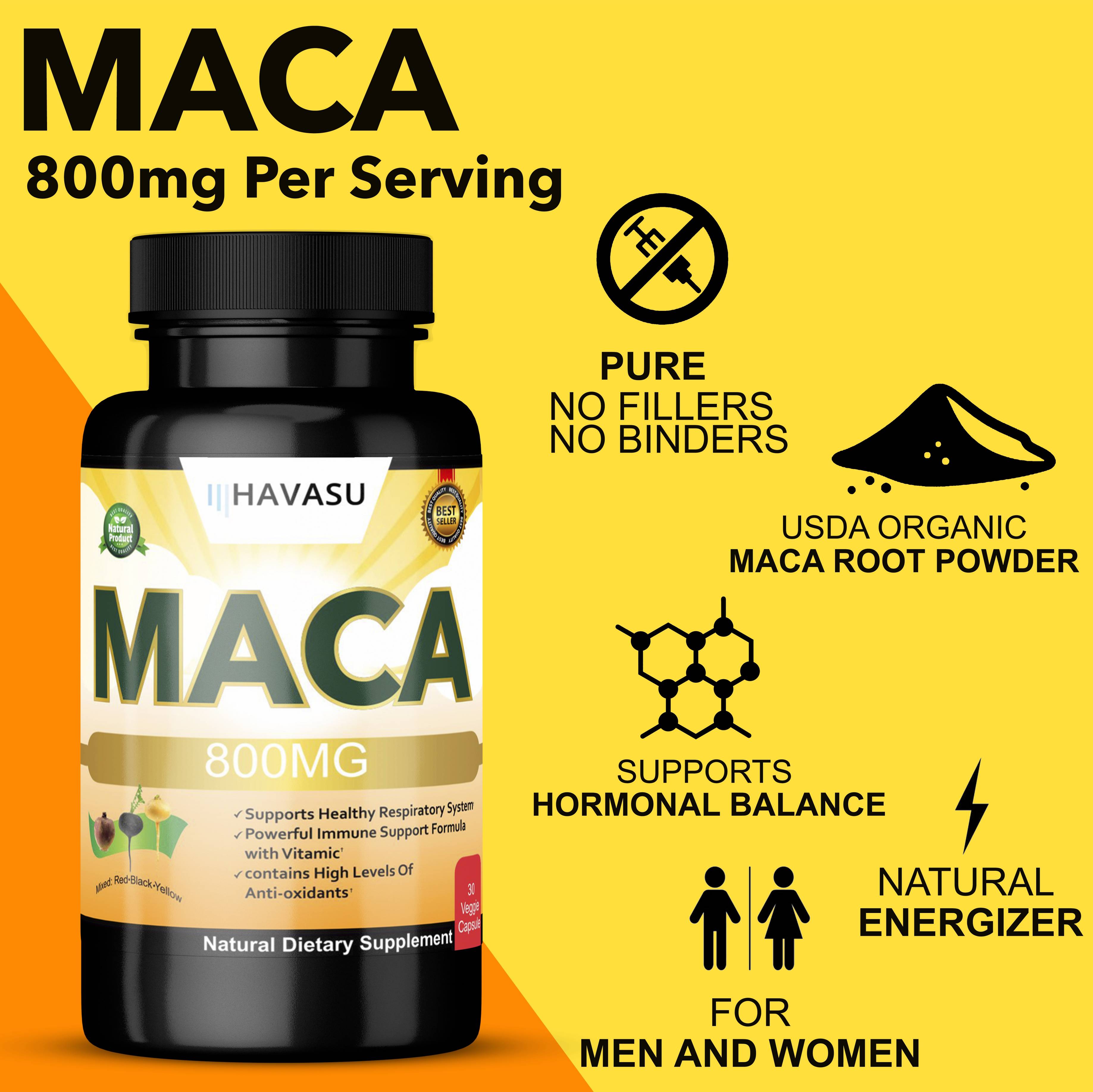 HAVASU Organic Maca Root, 800mg, 30 Capsules – Black, Red & Yellow Maca