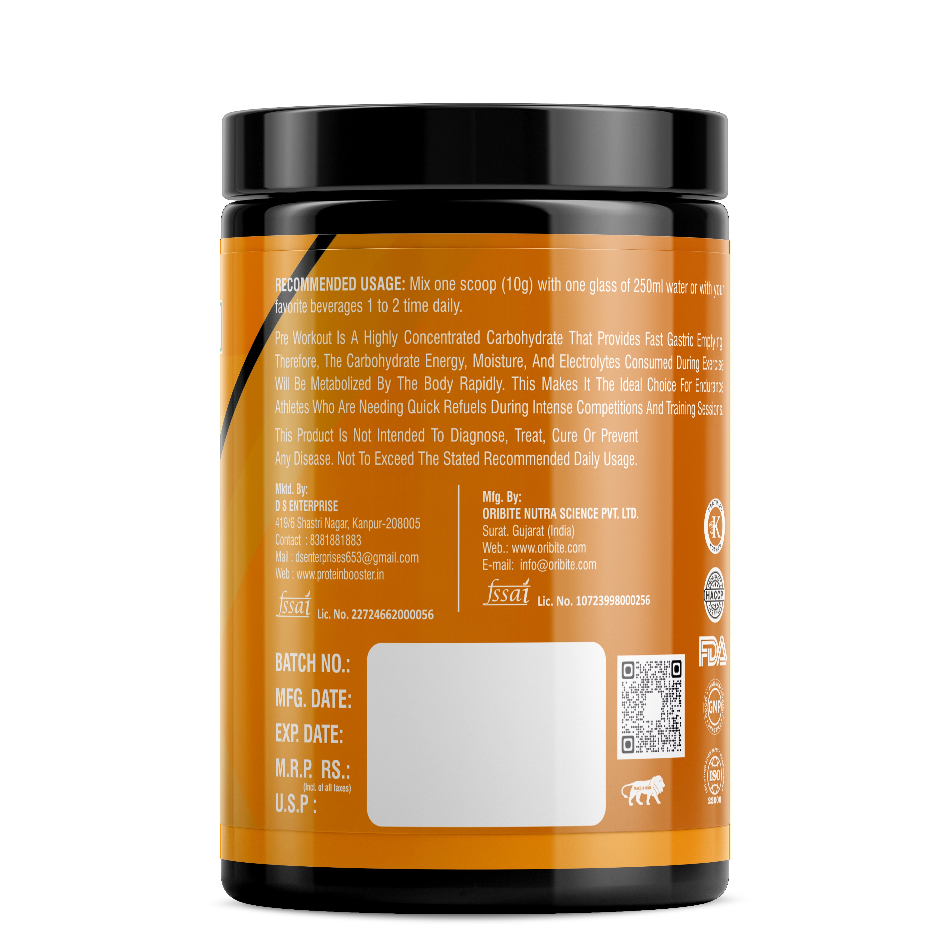 Protein Booster Pre-Workout Supplement, 250g, Orange Flavour