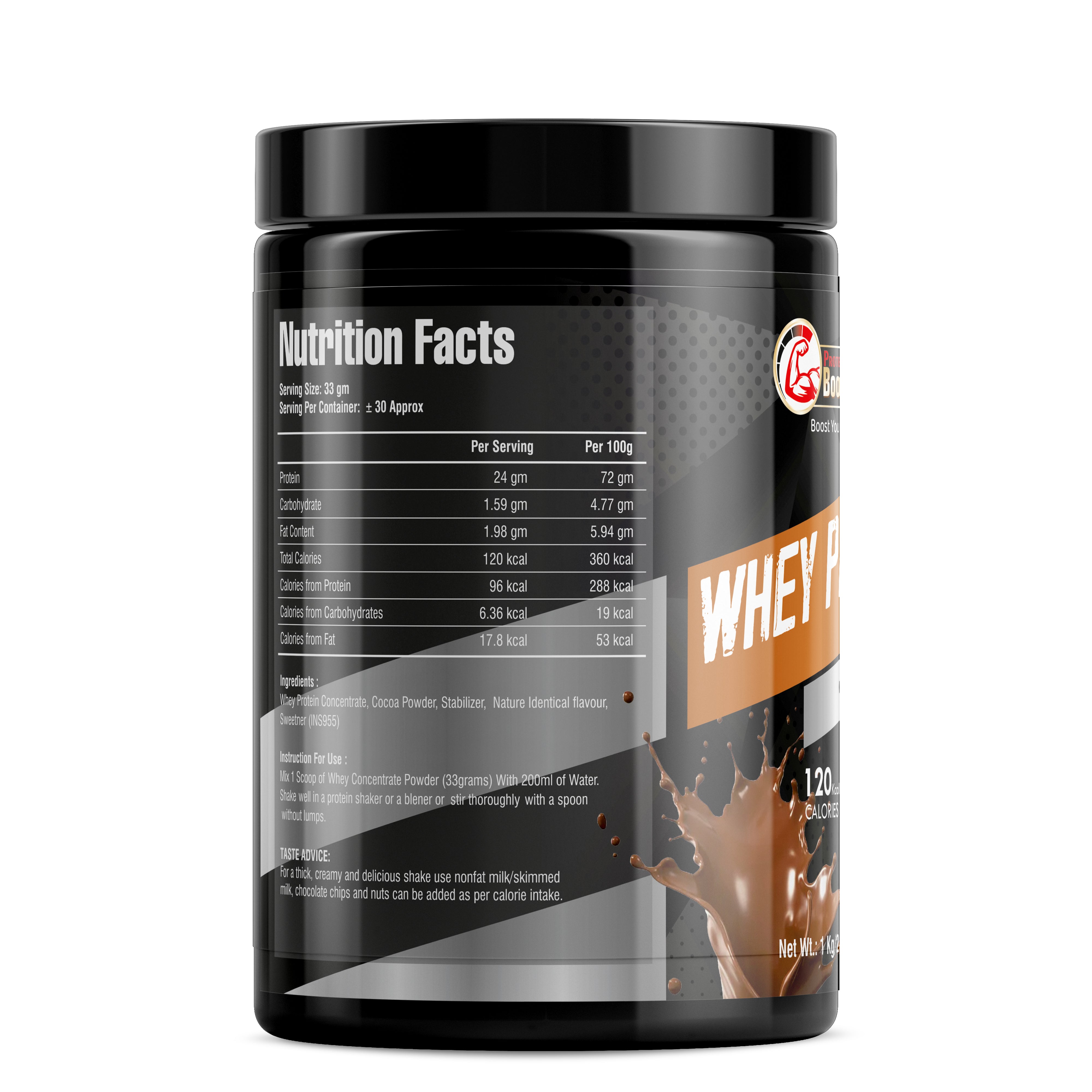 Protein Booster Whey Protein, 1kg, Rich Chocolate, with Enzymes for Muscle and Bone Health.